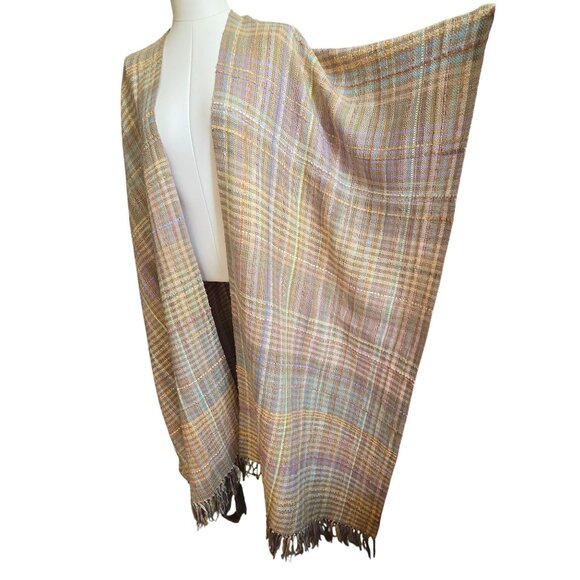 Laise Adzer Handwoven Plaid Cape Shawl Pastel Tan Multicolor Ribbon CM2057 - Picture 6 of 11